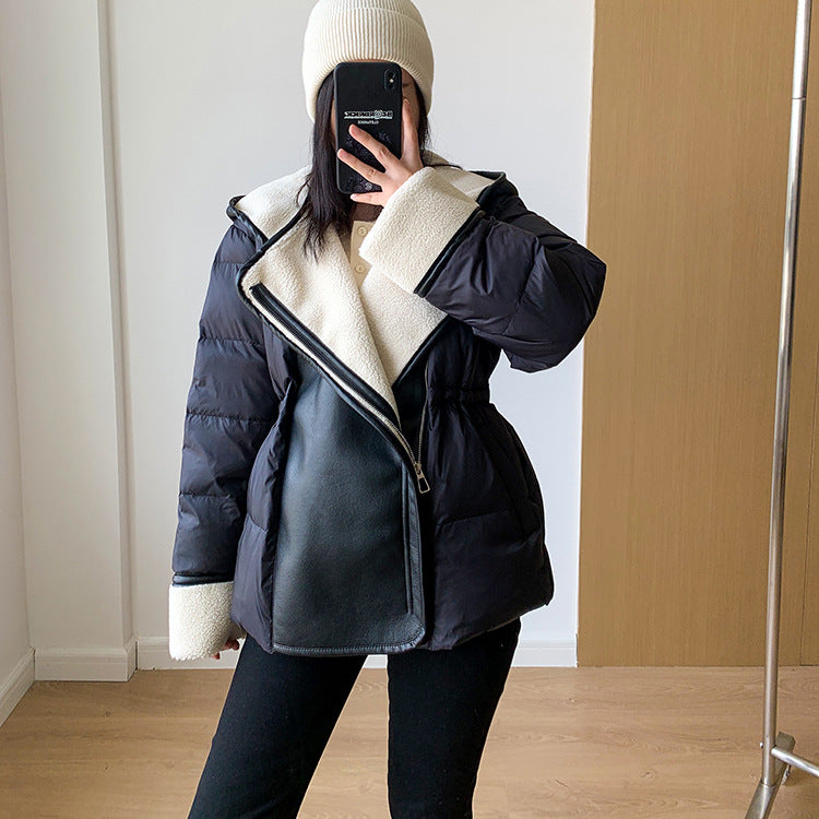 Suit Collar Leather Down Stitching Lambswool Hooded Down Jacket