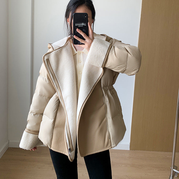 Suit Collar Leather Down Stitching Lambswool Hooded Down Jacket