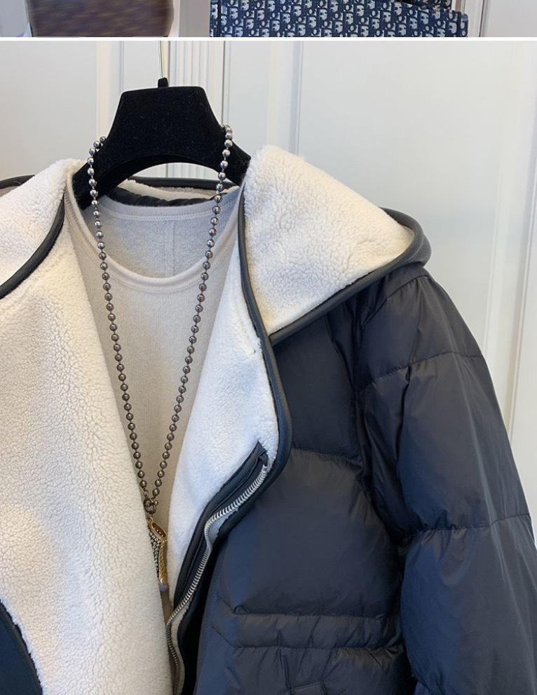 Suit Collar Leather Down Stitching Lambswool Hooded Down Jacket