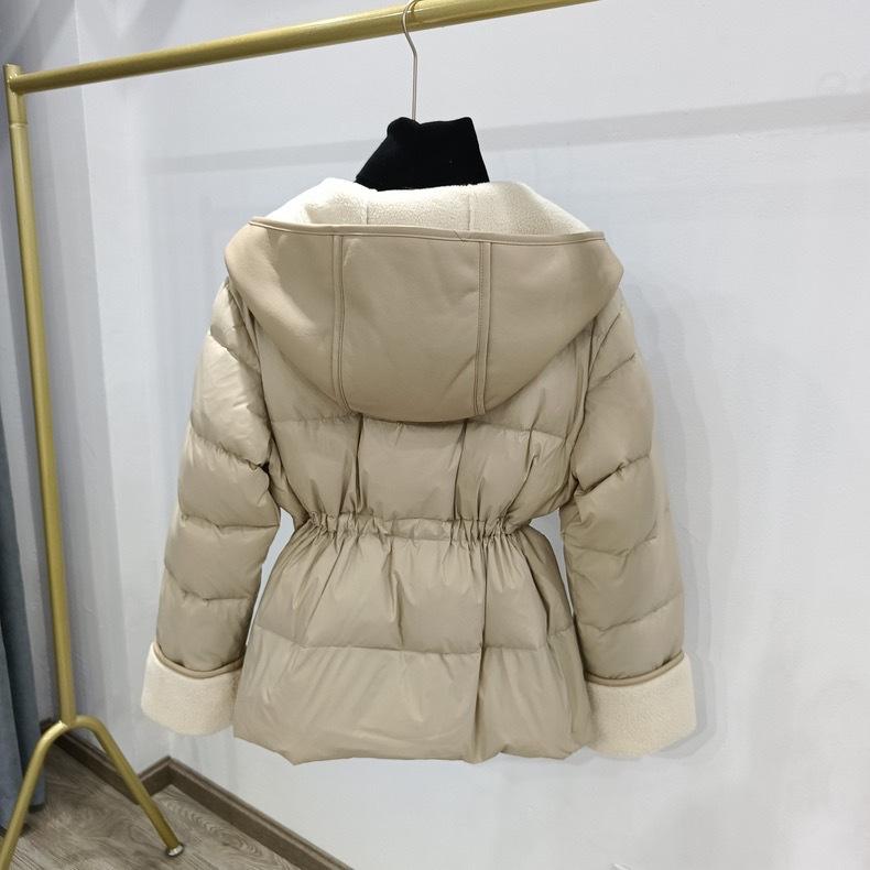 Suit Collar Leather Down Stitching Lambswool Hooded Down Jacket