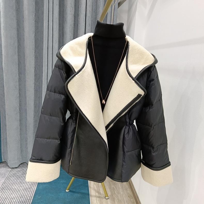 Suit Collar Leather Down Stitching Lambswool Hooded Down Jacket