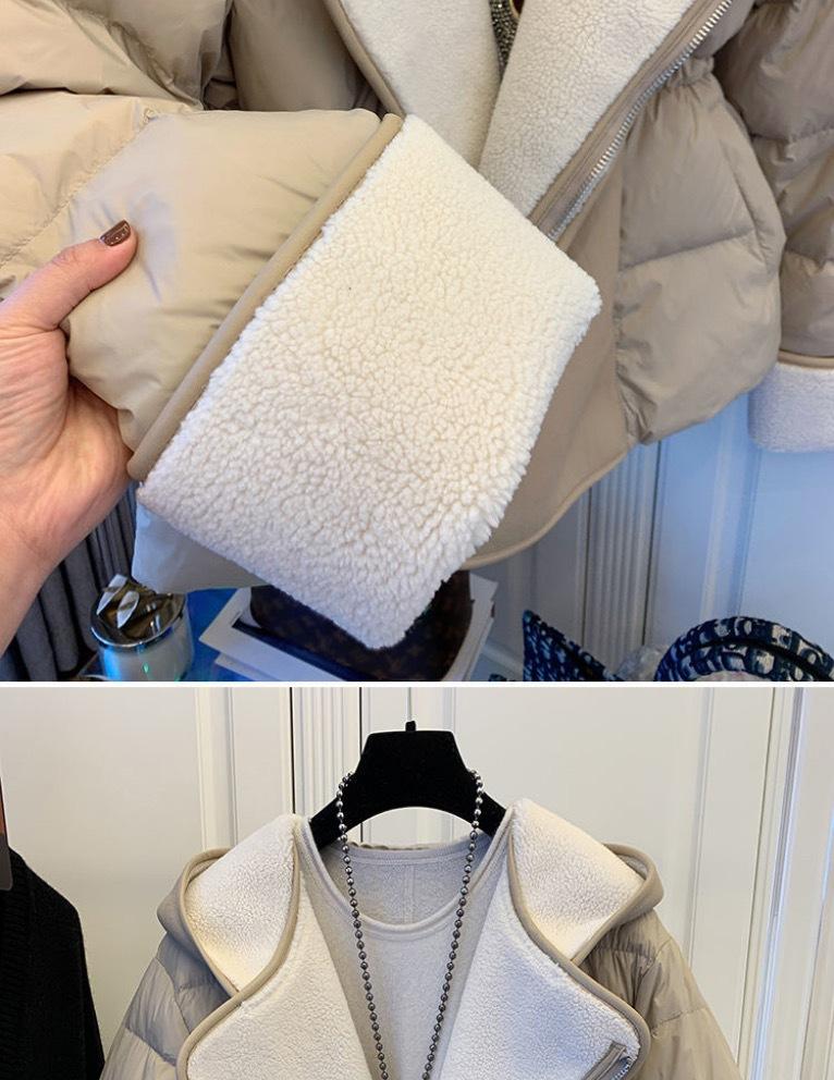 Suit Collar Leather Down Stitching Lambswool Hooded Down Jacket