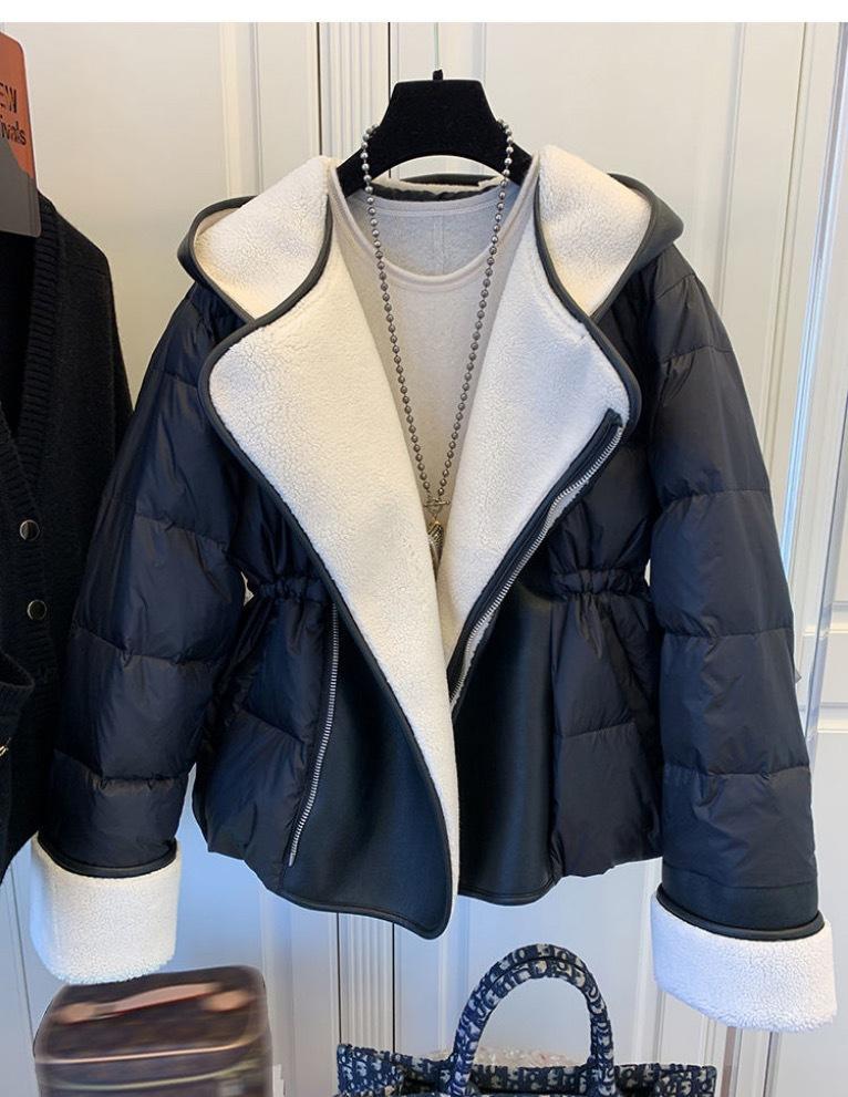 Suit Collar Leather Down Stitching Lambswool Hooded Down Jacket