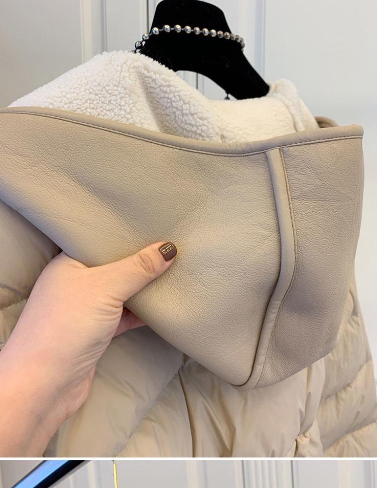 Suit Collar Leather Down Stitching Lambswool Hooded Down Jacket