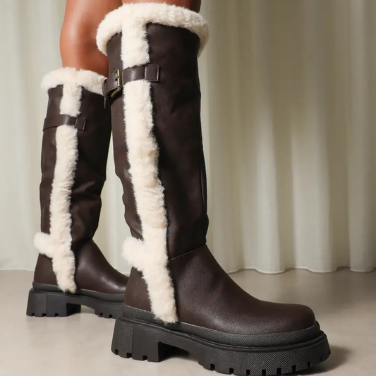 Brown Faux Fur Detail Chunky Boots