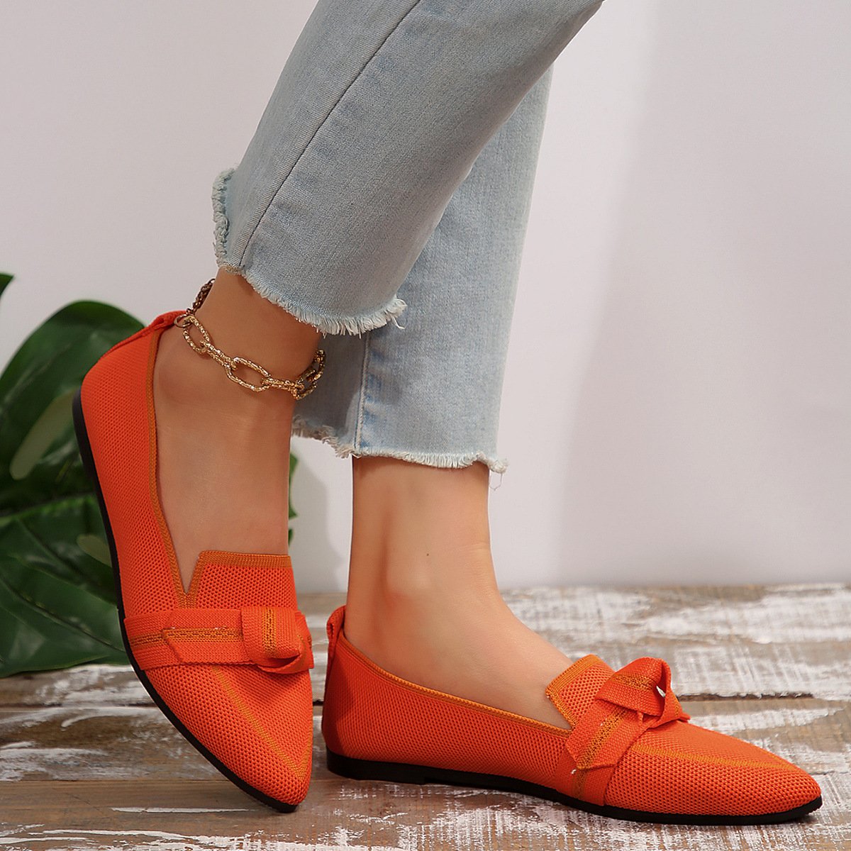 Women's Knit Fabric Bow Loafer Flats