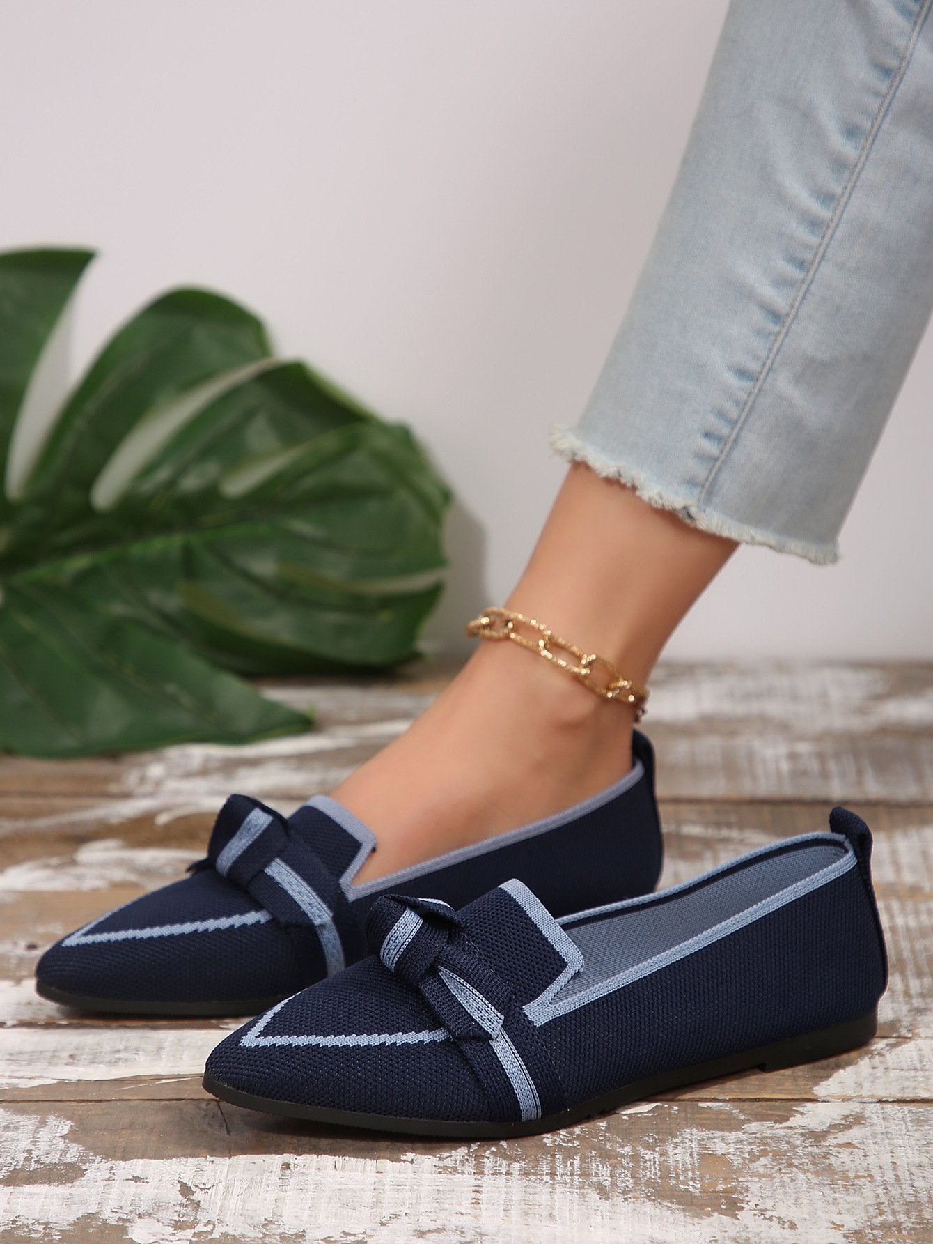 Women's Knit Fabric Bow Loafer Flats