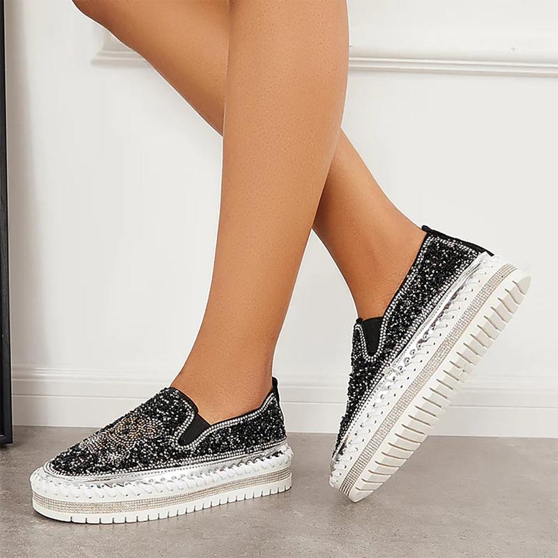 Fashion Rhinestone Sequins Bear Hand-stitched Casual Flat Shoes