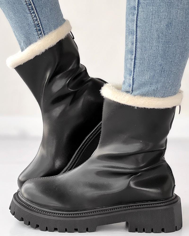 Velvet Zipper Up Fuzzy Detail Boots