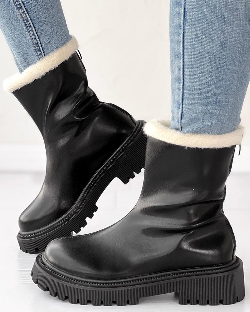 Velvet Zipper Up Fuzzy Detail Boots