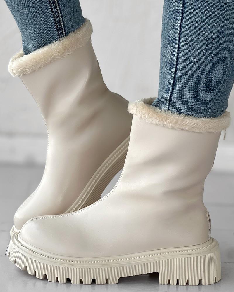 Velvet Zipper Up Fuzzy Detail Boots