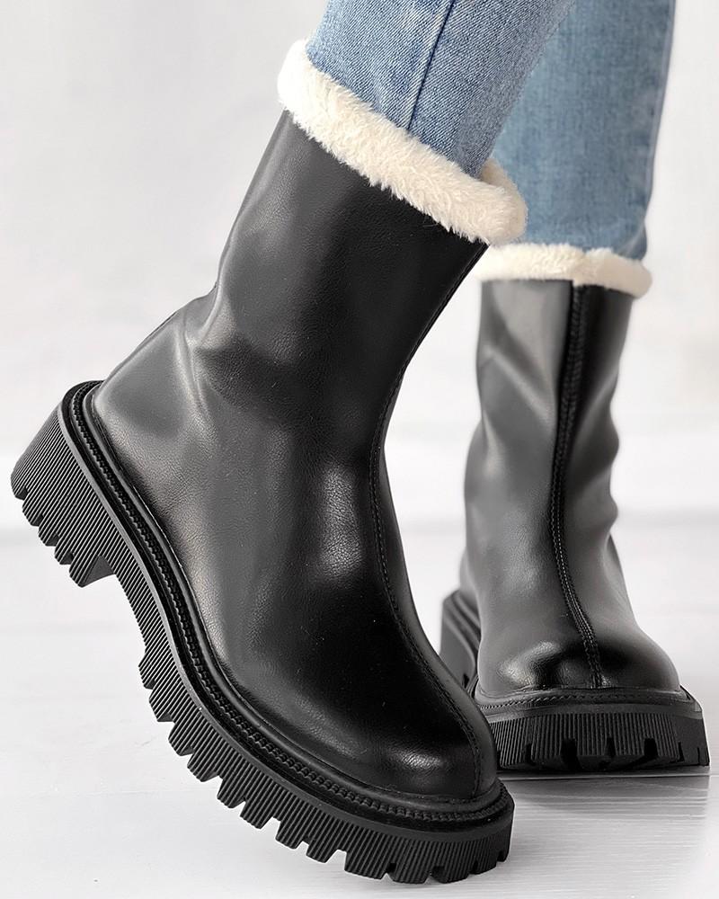 Velvet Zipper Up Fuzzy Detail Boots