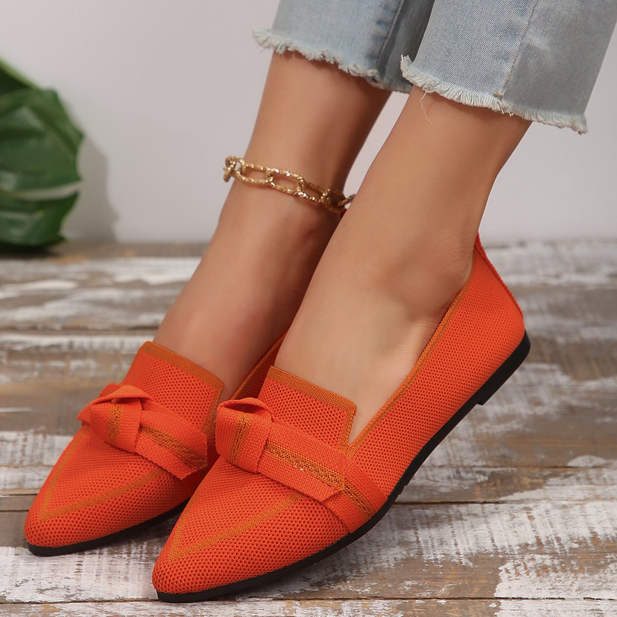 Women's Knit Fabric Bow Loafer Flats