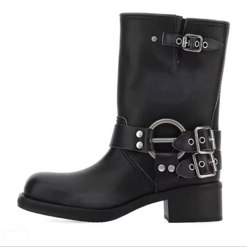 Faux Leather Buckle Strap Mid Calf Boots