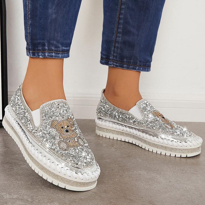 Fashion Rhinestone Sequins Bear Hand-stitched Casual Flat Shoes