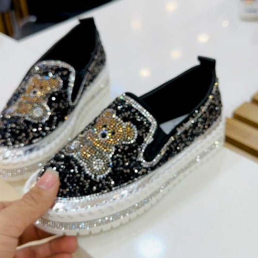 Fashion Rhinestone Sequins Bear Hand-stitched Casual Flat Shoes