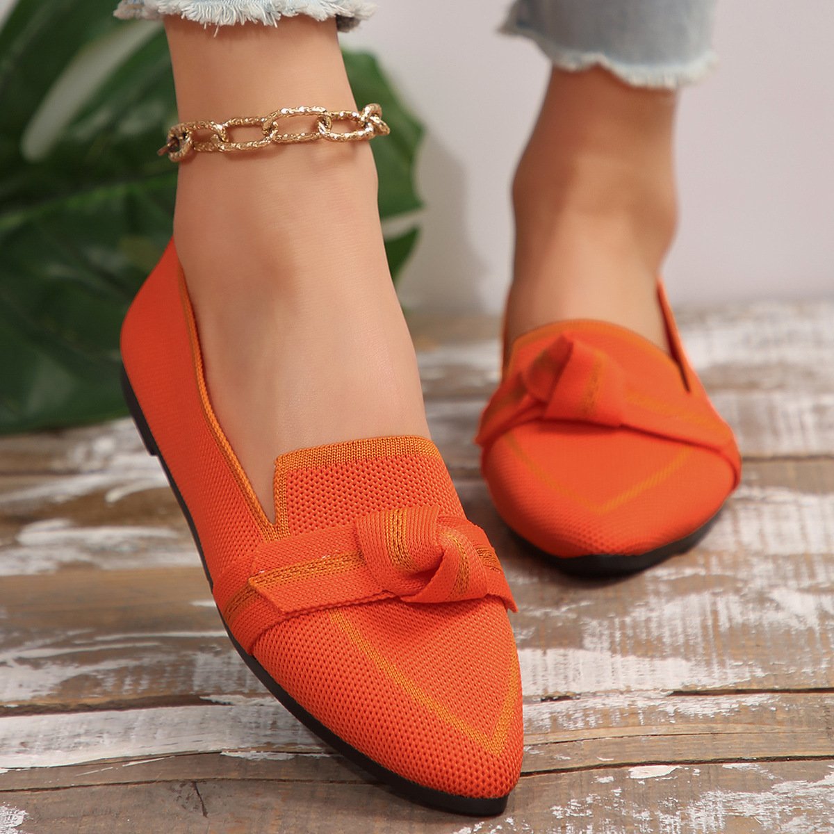 Women's Knit Fabric Bow Loafer Flats