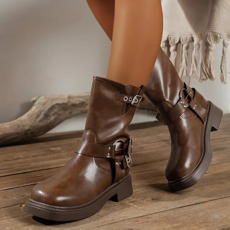 Faux Leather Buckle Strap Mid Calf Boots